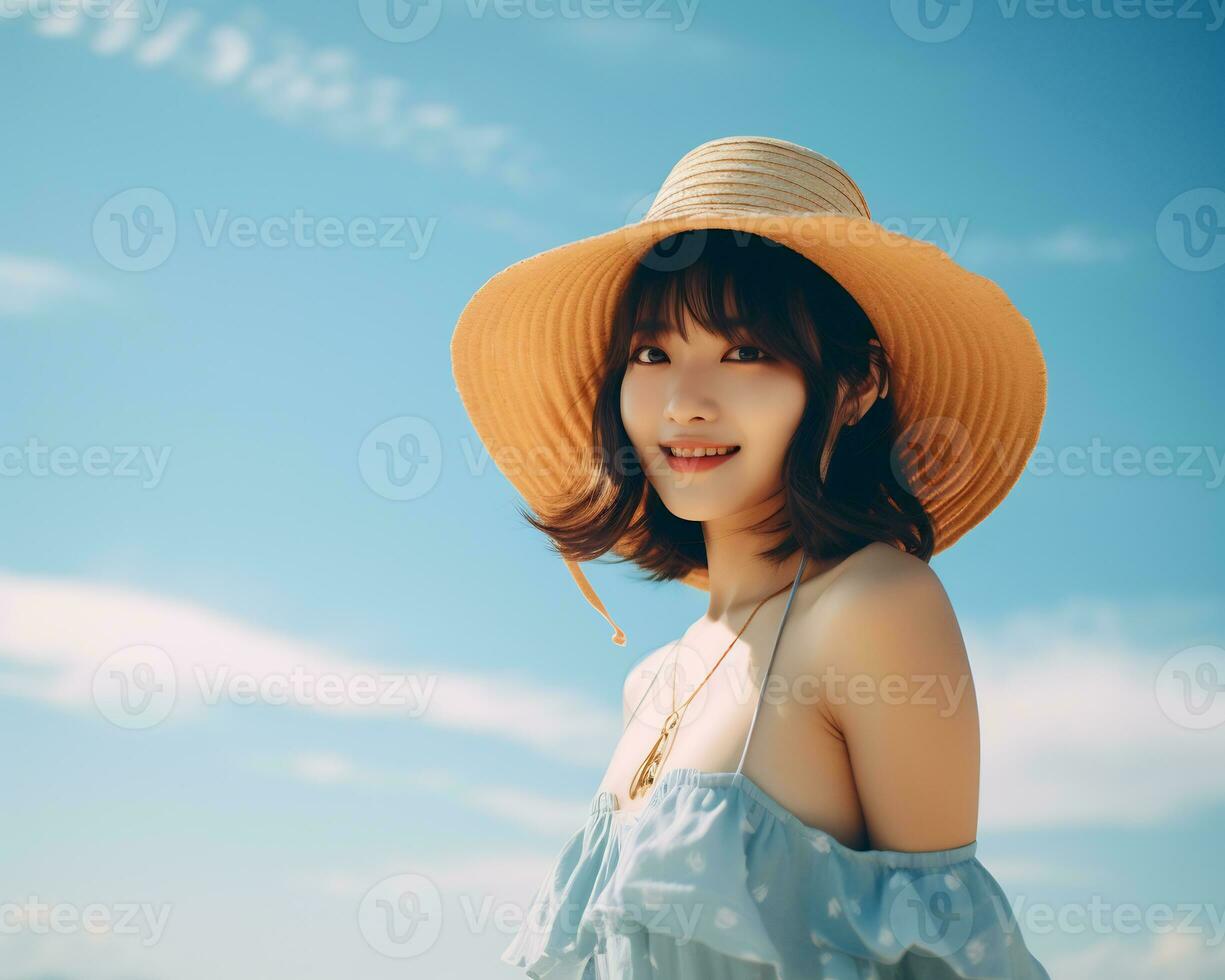 Cheerful asian girl enjoying summer AI Generative photo