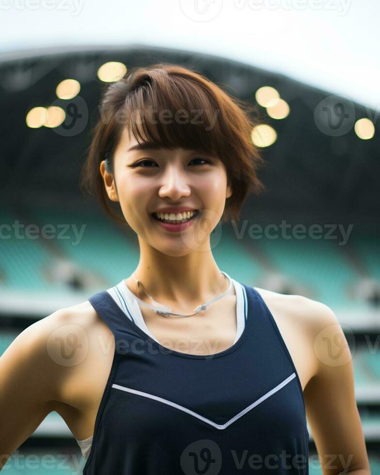 Beautiful smiling asian girl athlete in sports arena AI Generative photo