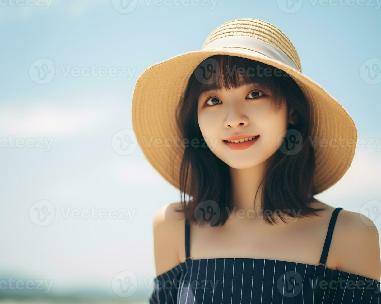 Cheerful asian girl enjoying summer AI Generative photo