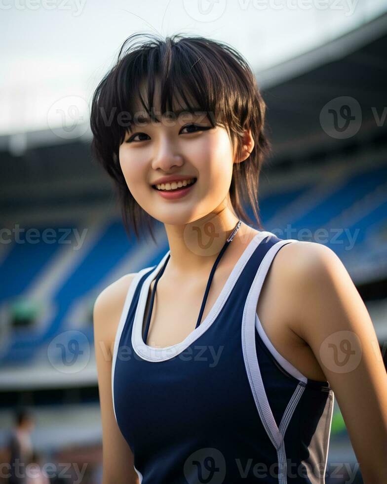 Beautiful smiling asian girl athlete in sports arena AI Generative photo