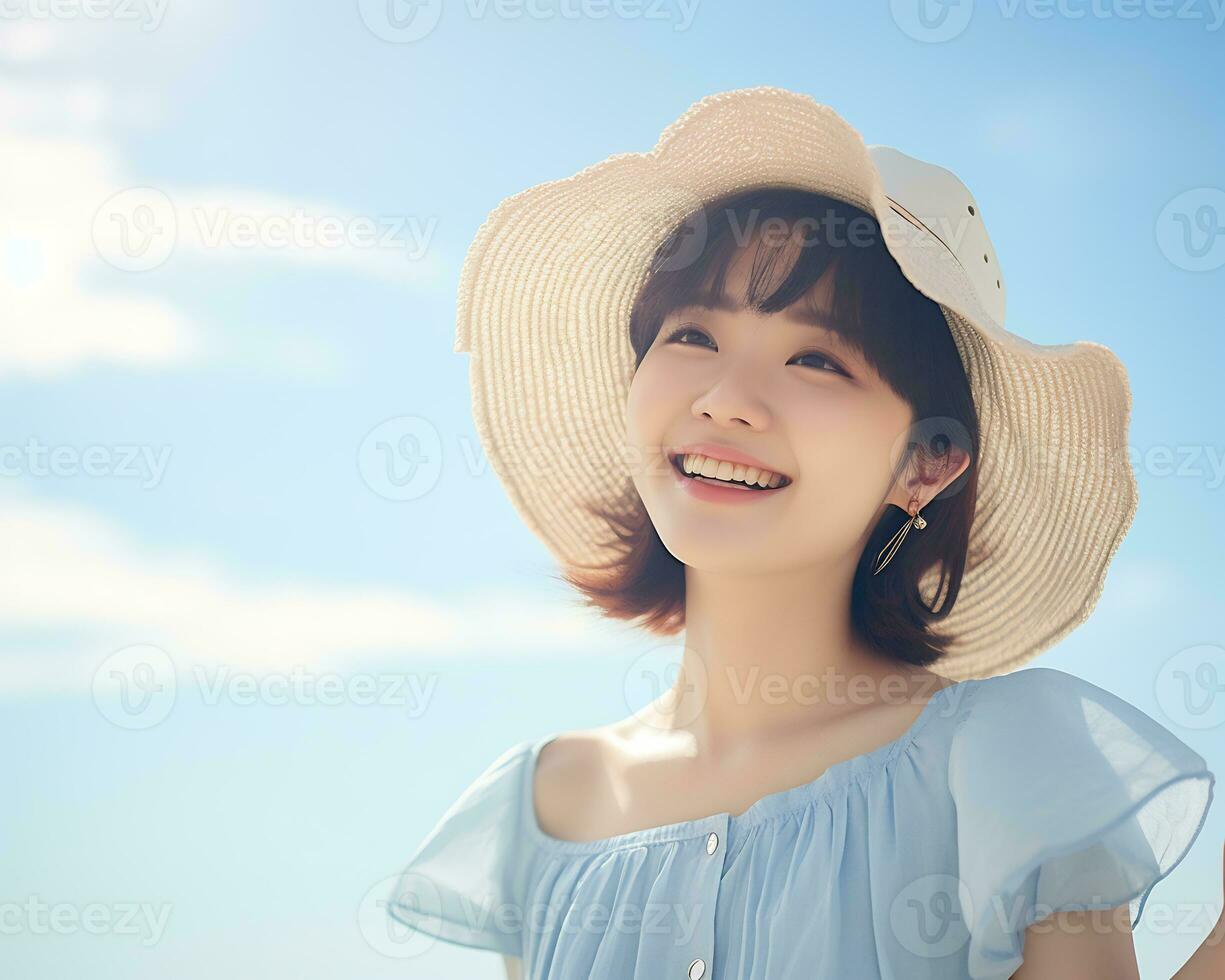 Cheerful asian girl enjoying summer AI Generative photo