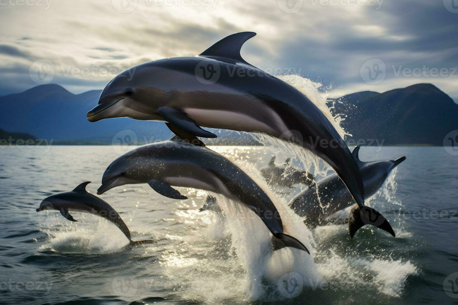 Dolphin Jumping at Sunset in the Ocean AI Generative photo