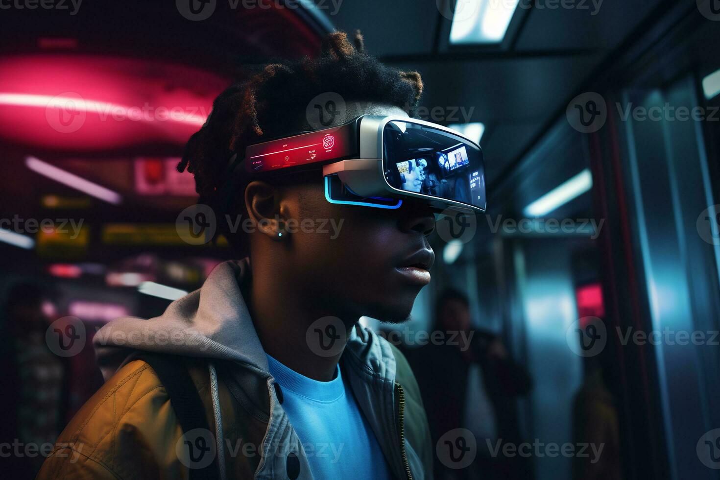 Person Wearing a Futuristic VR Glasses AI Generative photo