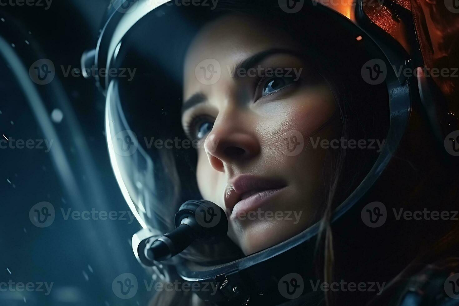 a Beautiful woman in a space suit looking out to the spaceship window AI Generative photo
