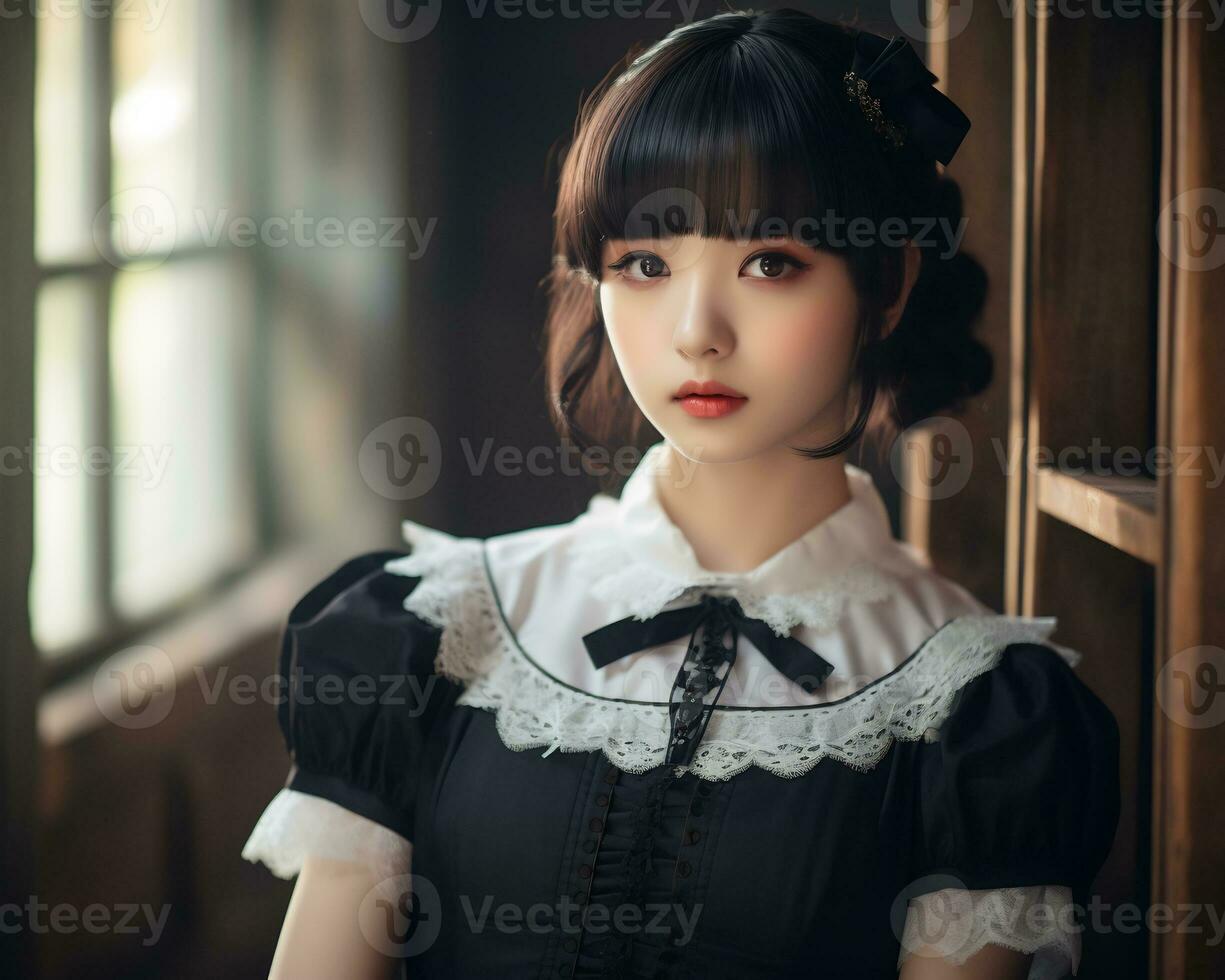 Cute asian young girl dressed in lolita maid dress AI Generative photo