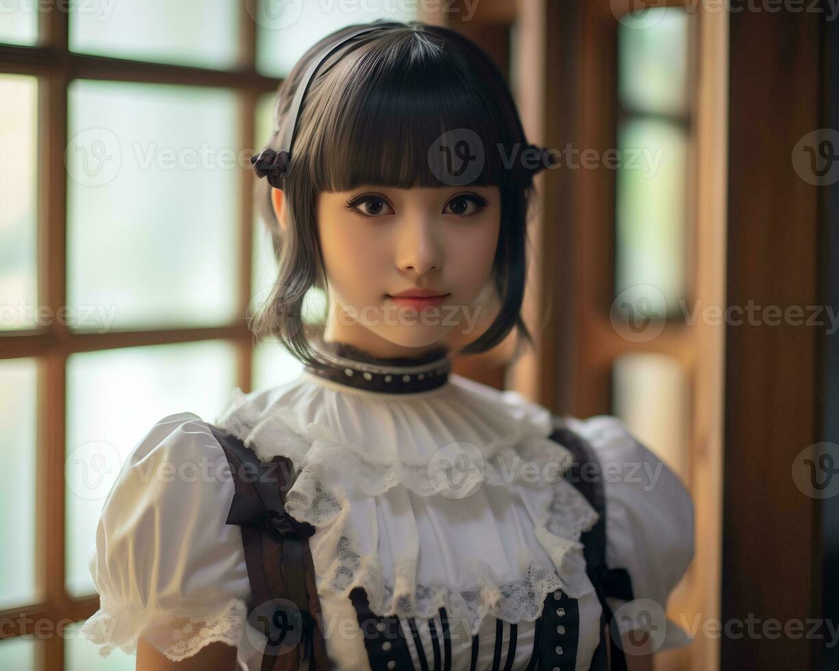 Cute asian young girl dressed in lolita maid dress AI Generative photo