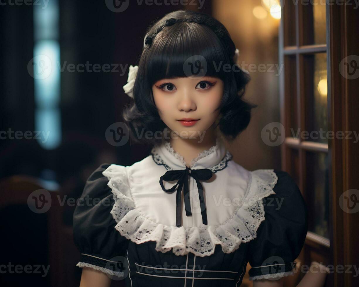 Cute asian young girl dressed in lolita maid dress AI Generative photo