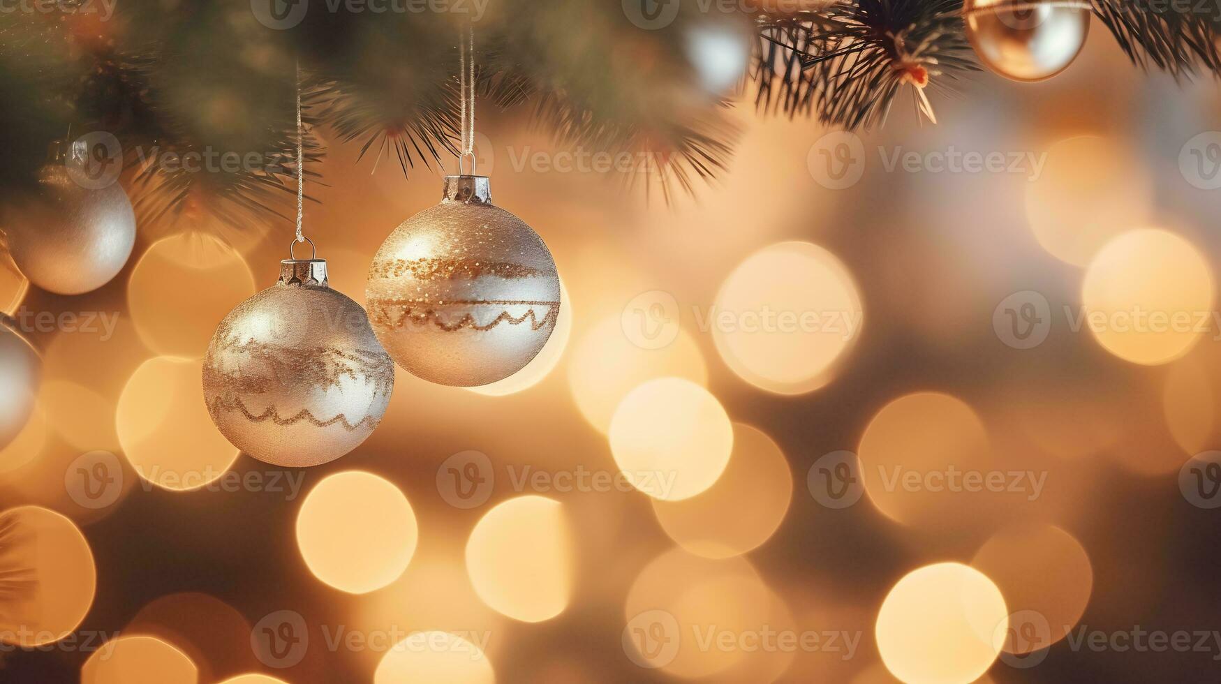 Christmas Tree Branch with Shiny Ornaments and Lights AI Generative photo