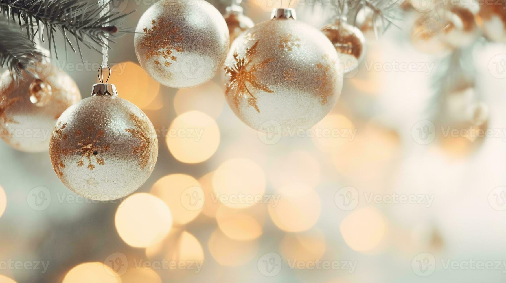 Christmas Tree Branch with Shiny Ornaments and Lights AI Generative photo