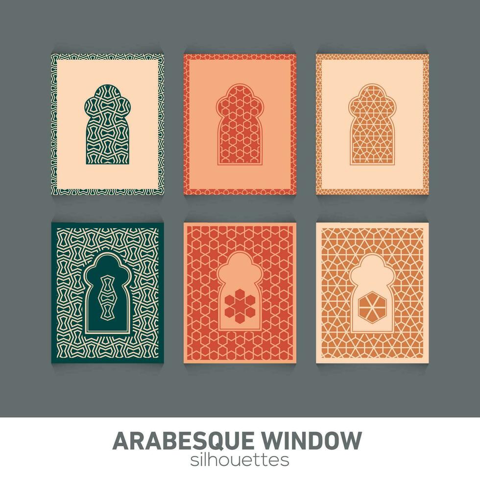 Arabesque window silhouettes. Vector symbol traditional islamic arches. Arabic traditional architecture. Ramadan Kareem design element. Geometric Ornament Arabic Pattern.