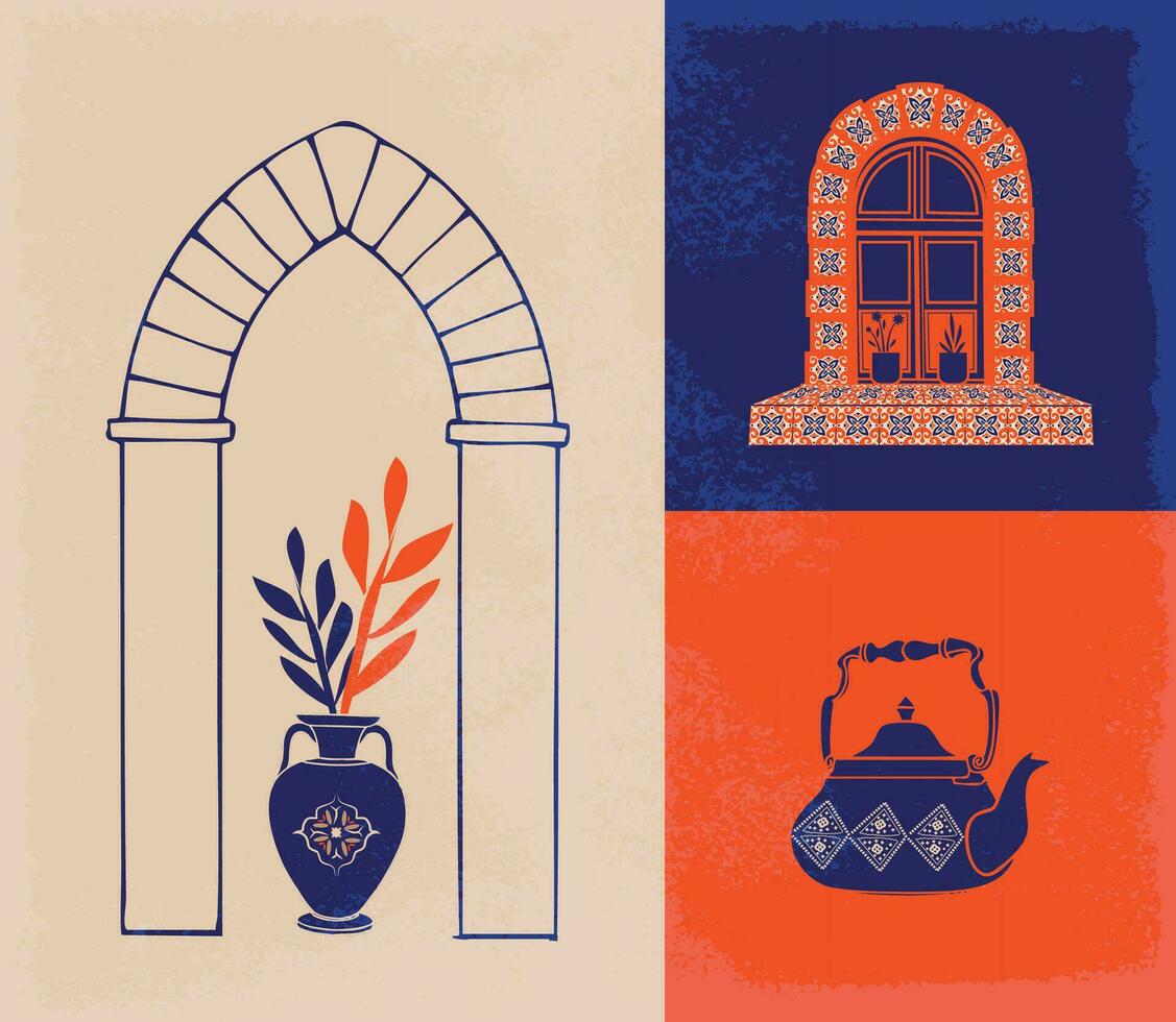 resumen arquitectura carteles sencillo geométrico. marroquí contemporáneo resumen geométrico. islámico árabe oriental estilo ventanas, puertas, escalera y arcos póster conjunto medio siglo vector imagen.