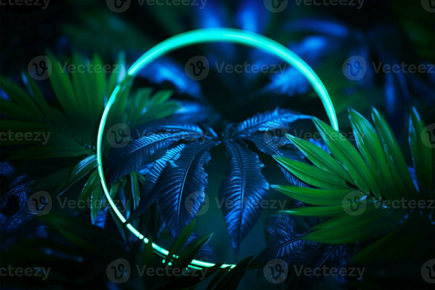 Blue and green neon light enhances the allure of tropical leaves AI Generated photo