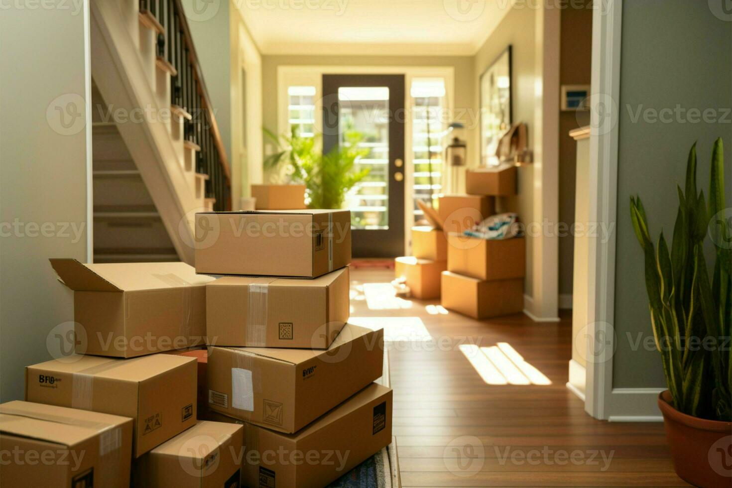 Close up of packed moving boxes in a residential hallway AI Generated photo