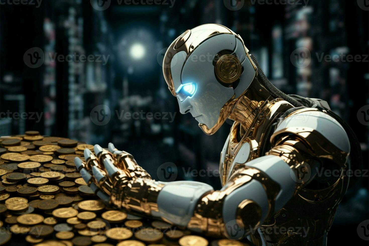 Cryptocurrency coins gripped by a white robots mechanical hand AI Generated photo
