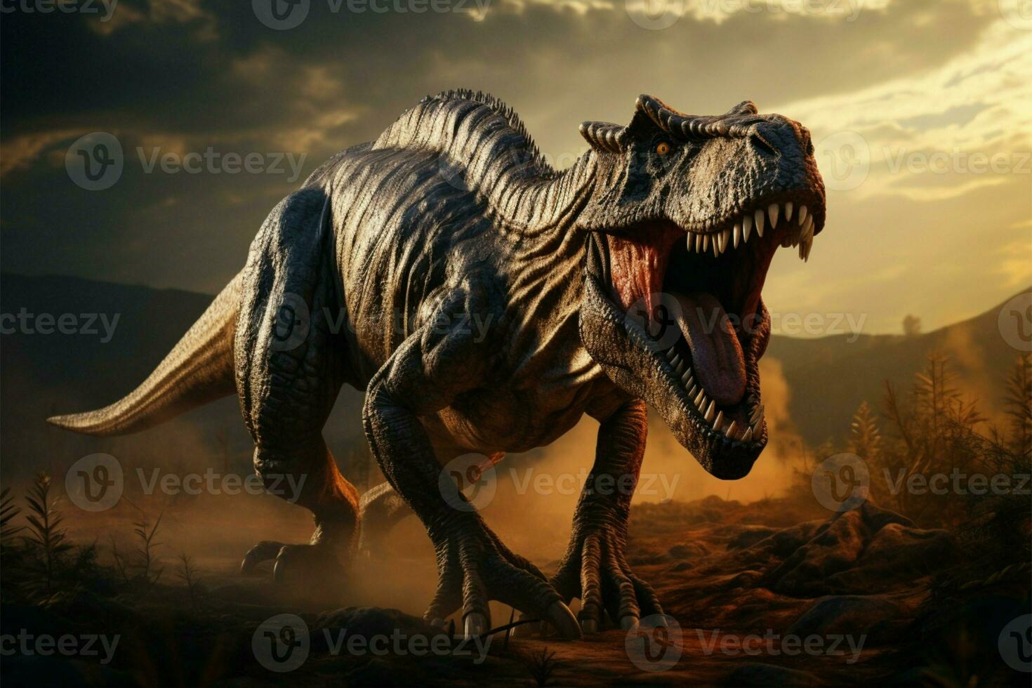 Fierce T rex dinosaur bellows in ancient plains, displaying sharp fangs AI Generated photo