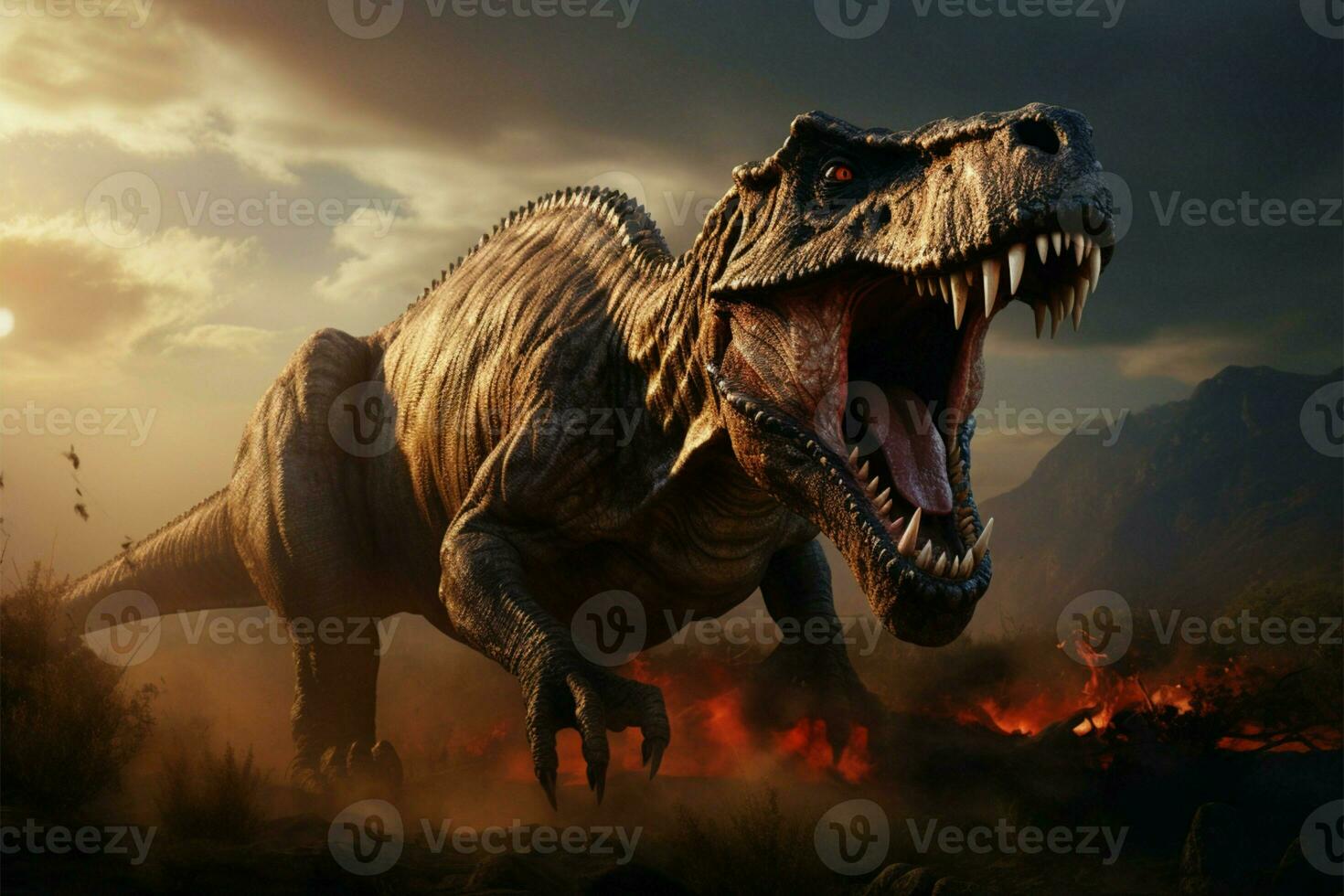 Fierce T rex dinosaur bellows in ancient plains, displaying sharp fangs AI Generated photo