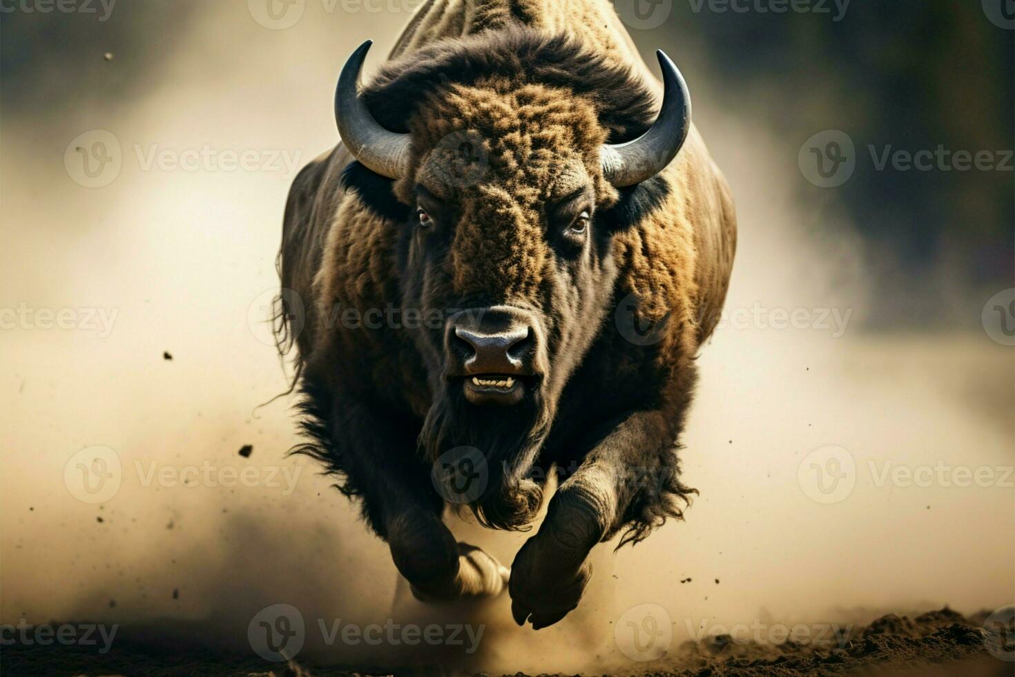 In a closeup view, a wild bison gallops with majestic strength AI Generated photo
