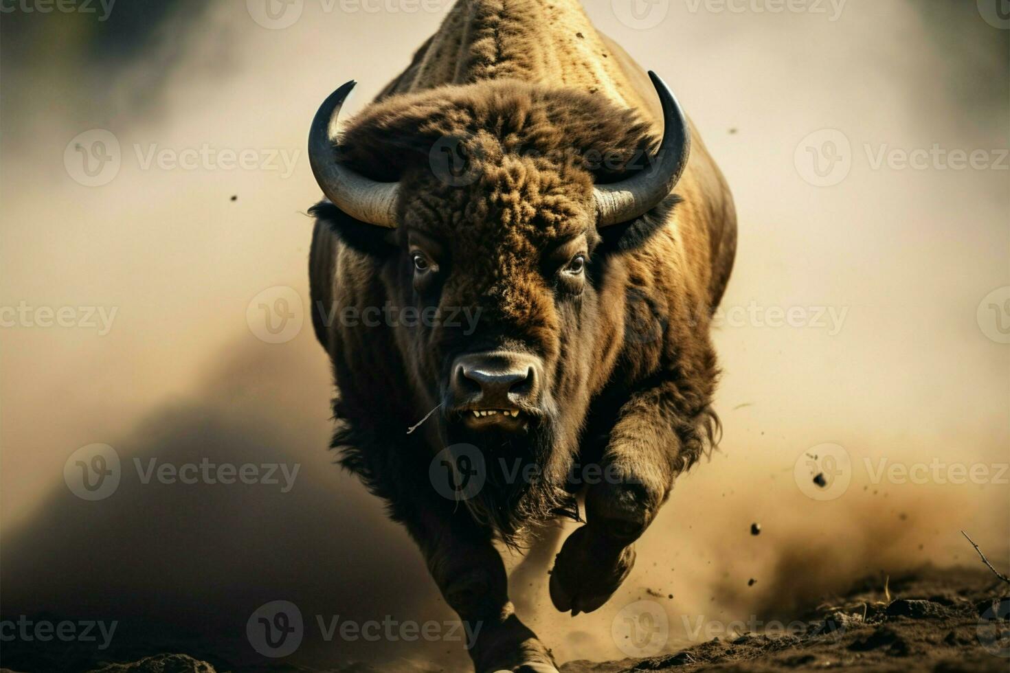 In a closeup view, a wild bison gallops with majestic strength AI Generated photo