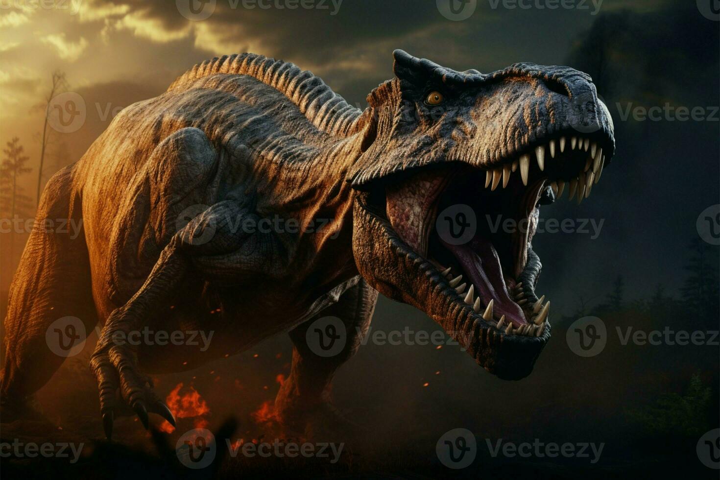 In the prehistoric wilderness, a roaring T rex exhibits its razor sharp teeth AI Generated photo