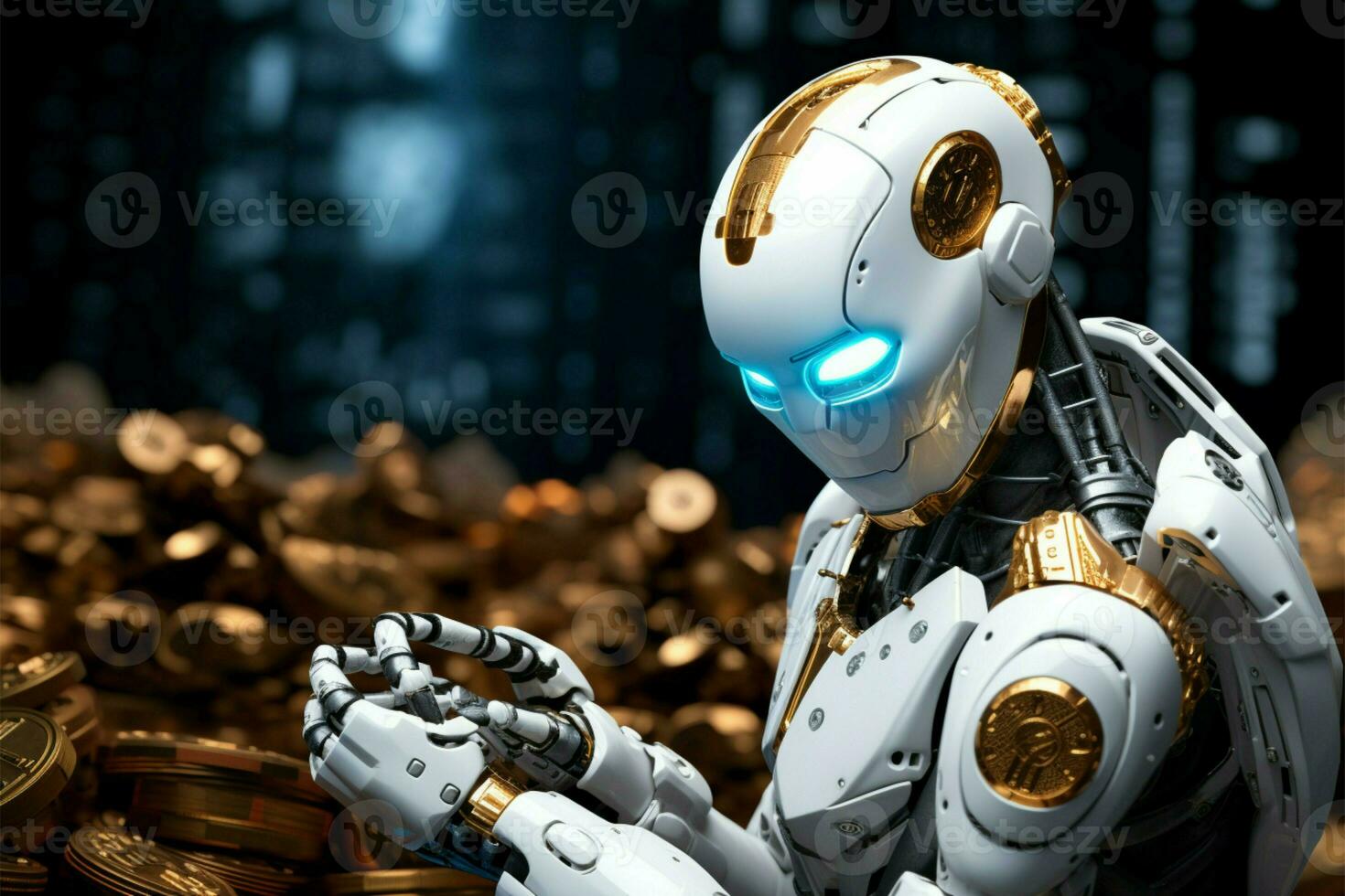 In its grasp, a white robot cradles digital crypto coins AI Generated photo