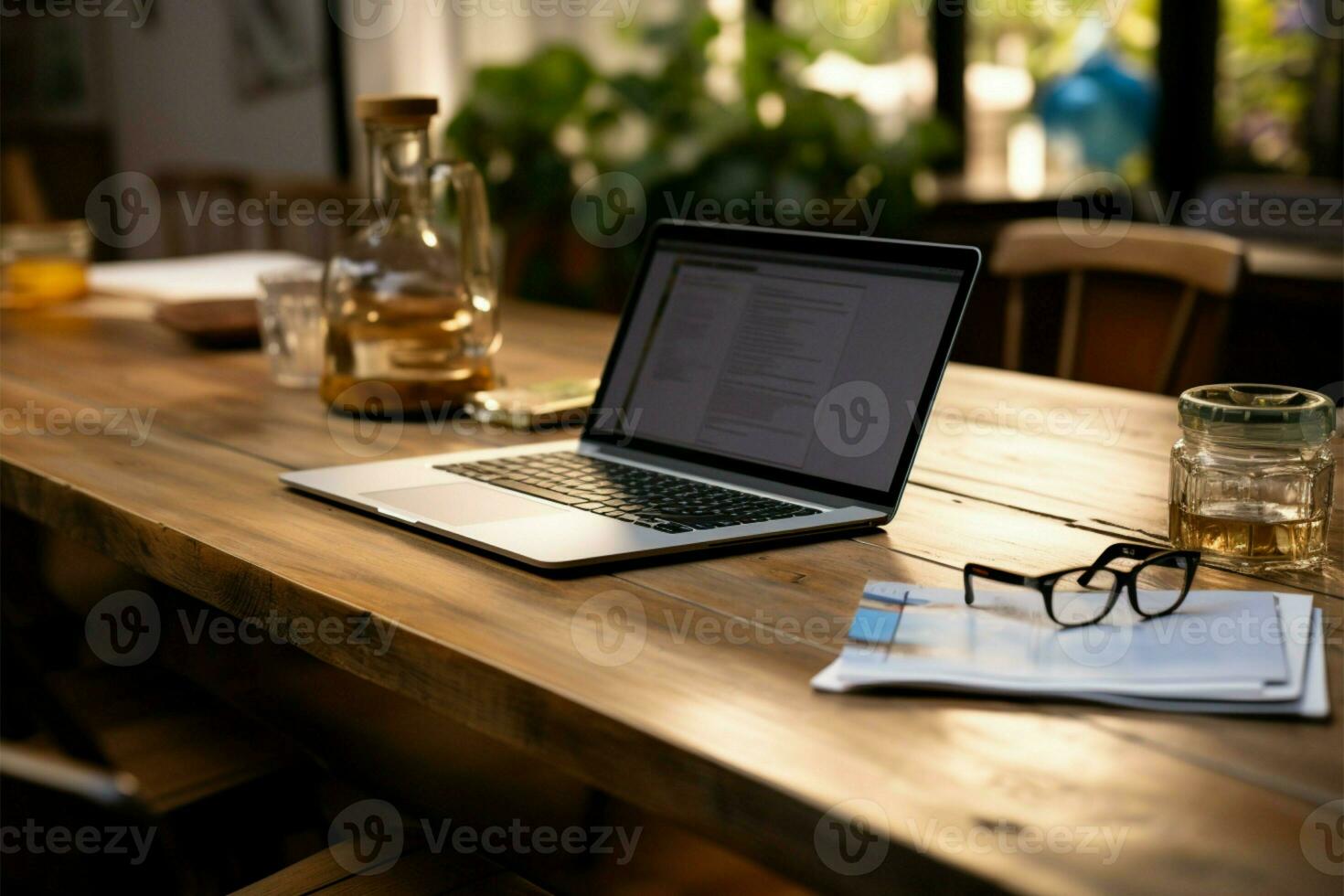 A laptop sits atop a rustic dining rooms wooden table AI Generated photo
