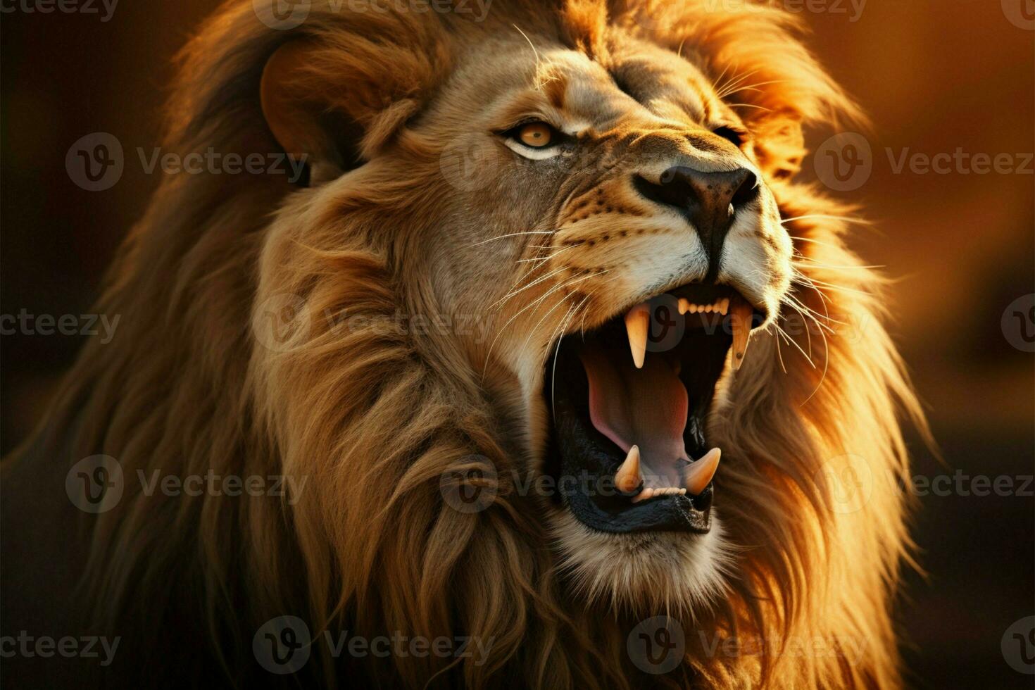 Portrait of a majestic male lion in a roaring, regal pose AI Generated photo