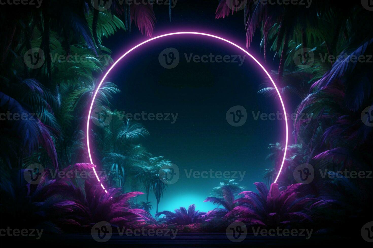 Neon lights cast a lush, tropical ambiance with greenery and blue AI Generated photo
