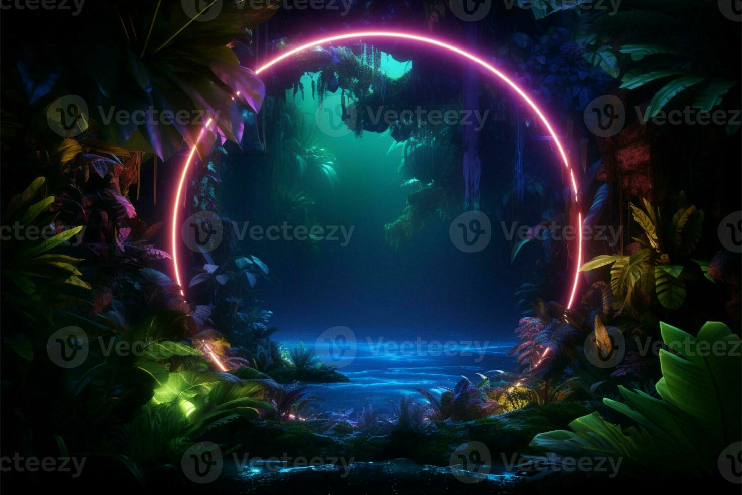 Neon lights cast a lush, tropical ambiance with greenery and blue AI Generated photo