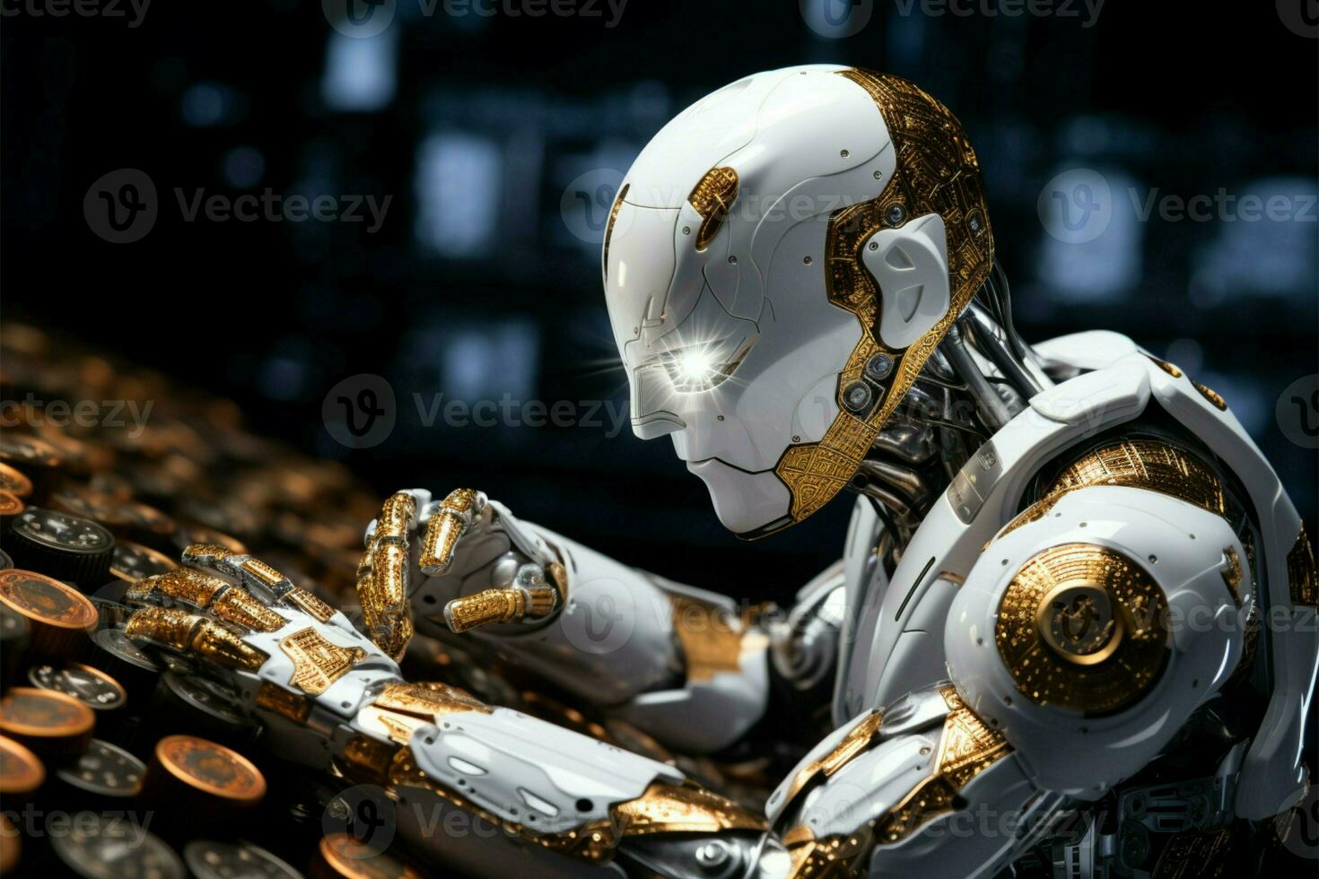 Robotic hand holds white crypto coins, illustrating digital currency integration AI Generated photo