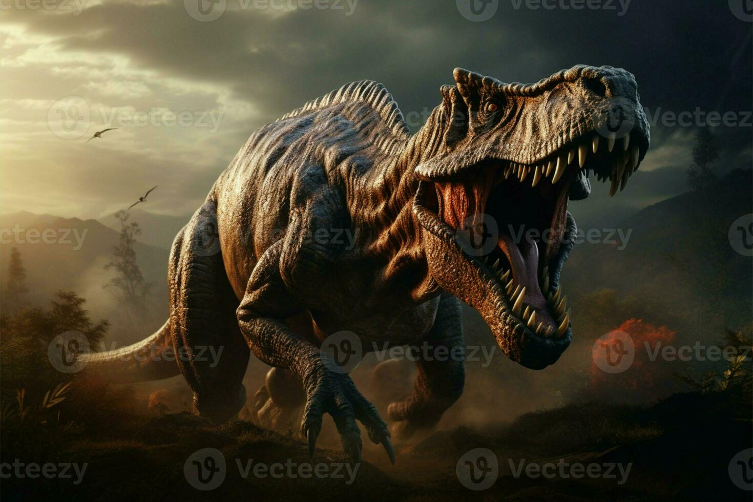 Roaring T rex in prehistoric landscape, showcasing its menacing, sharp teeth AI Generated photo