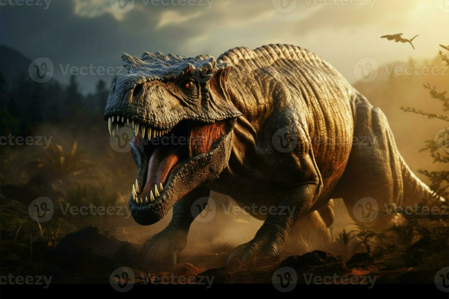 rugido t rex en prehistórico paisaje, exhibiendo sus amenazador, agudo dientes ai generado foto