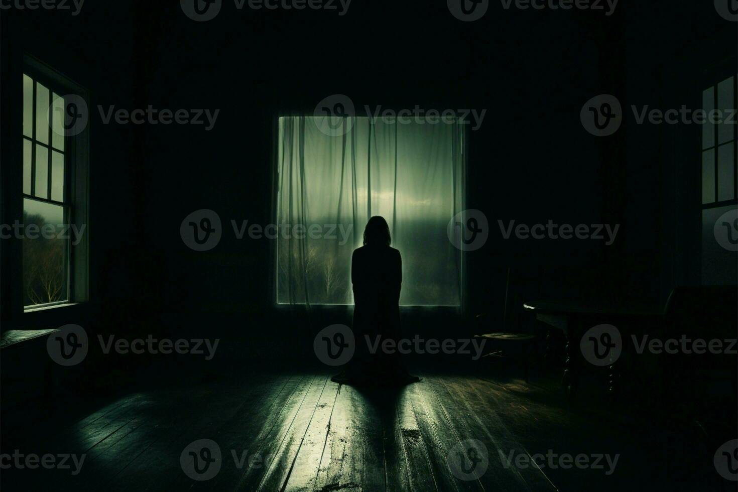 Solitary figure looks out of a dimly lit room through window AI Generated photo