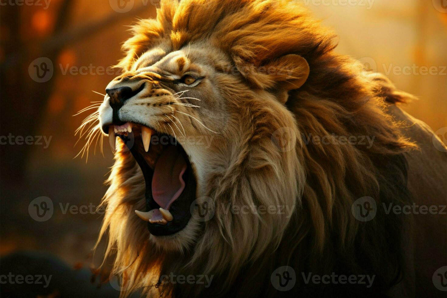 The jungles fierce and majestic lion lets out a thunderous roar AI Generated photo