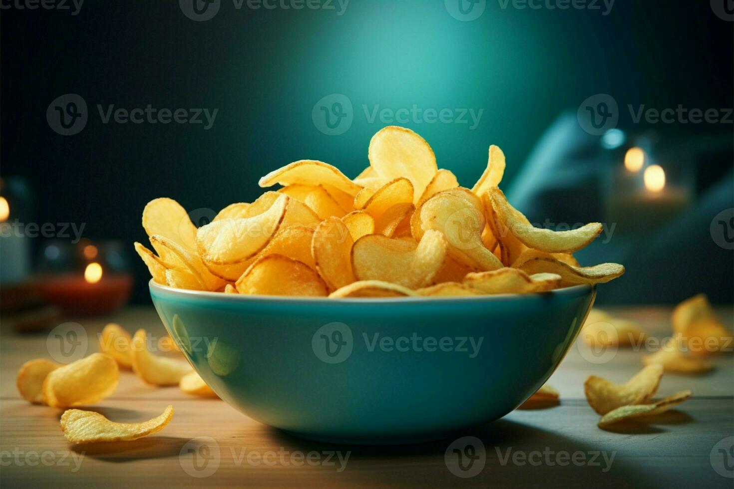 Tempting potato chips neatly arranged in a snack ready bowl AI Generated photo