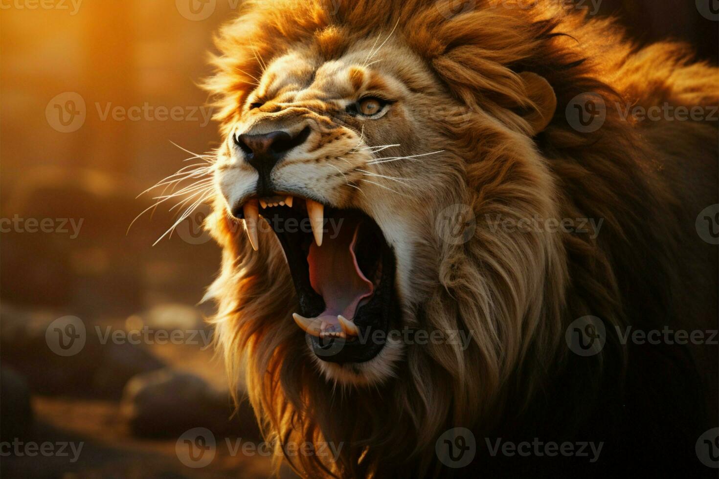 The jungles fierce and majestic lion lets out a thunderous roar AI Generated photo