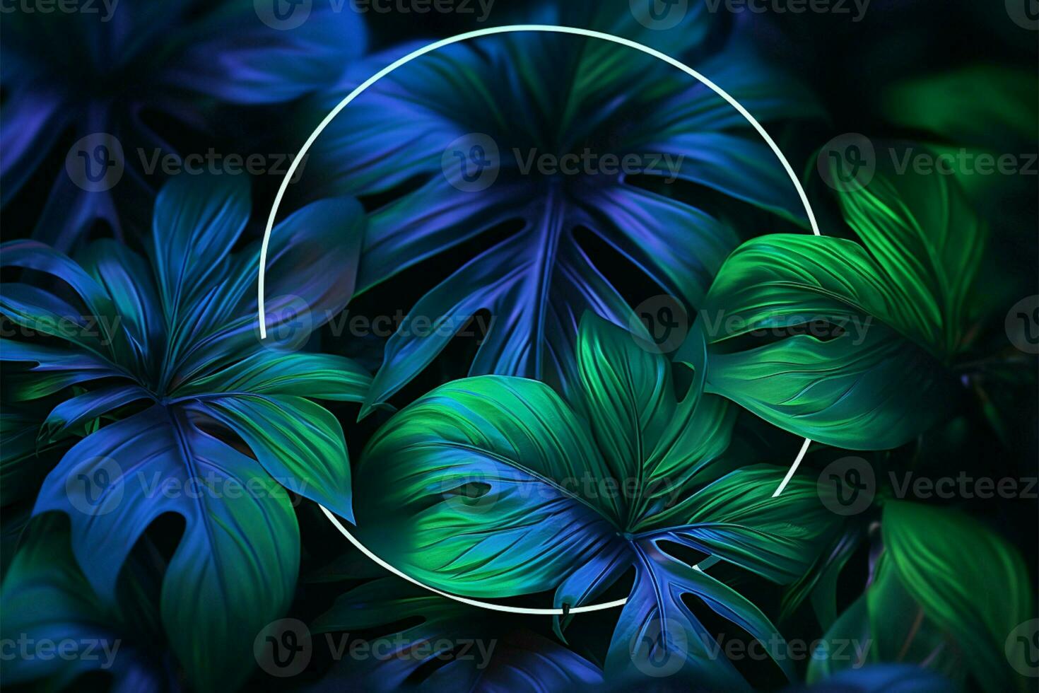 Tropical leaves bathed in vibrant green and blue neon illumination AI Generated photo