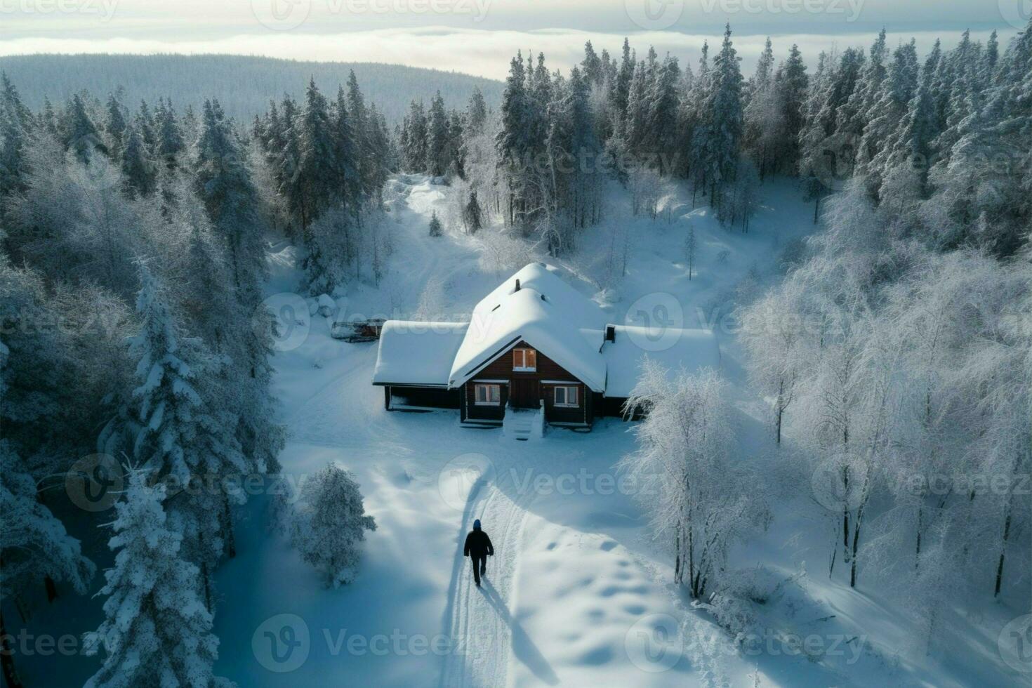 Aerial winter cabin scene in Sweden, featuring a lone man AI Generated photo