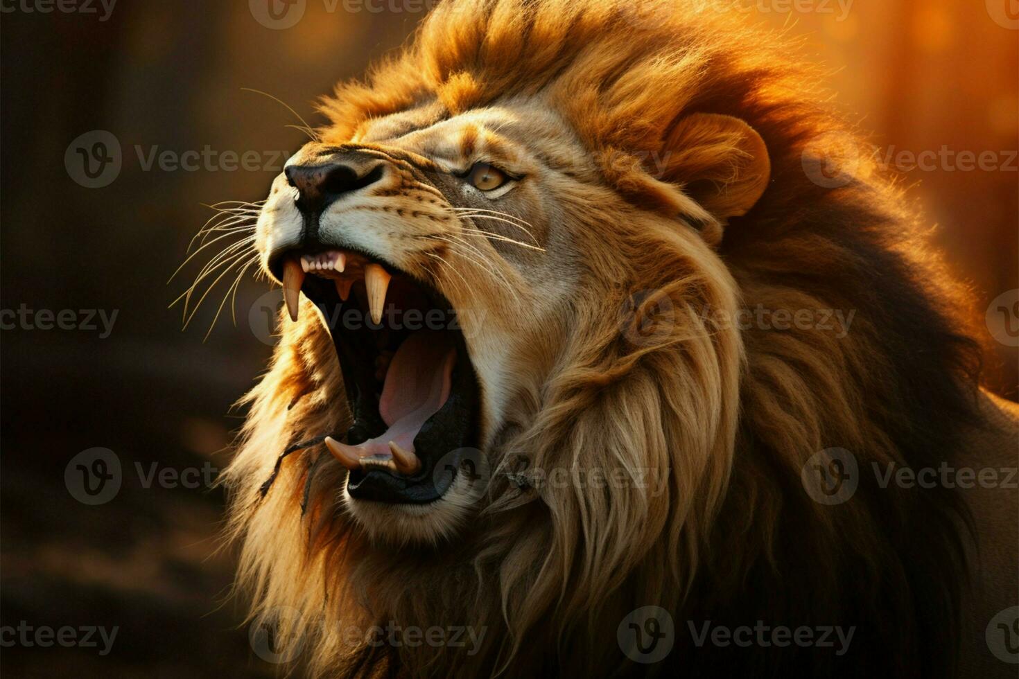 King of the jungle, a majestic lion roars with awe inspiring might AI Generated photo