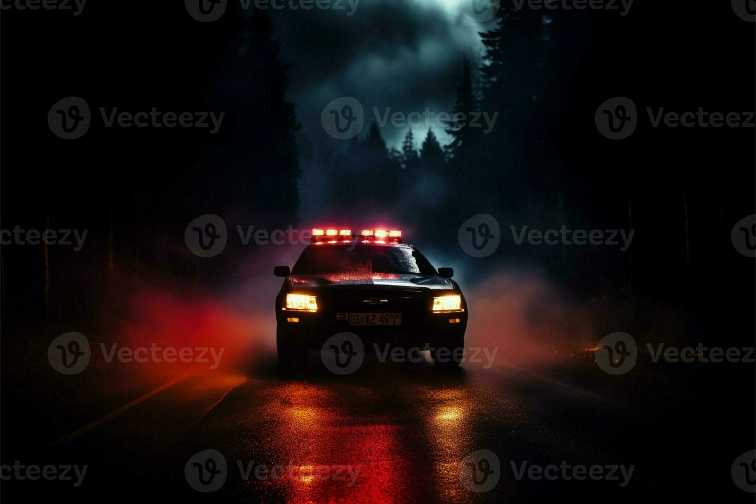 911 policía respuesta coche búsqueda en el brumoso noche fondo ai generado foto