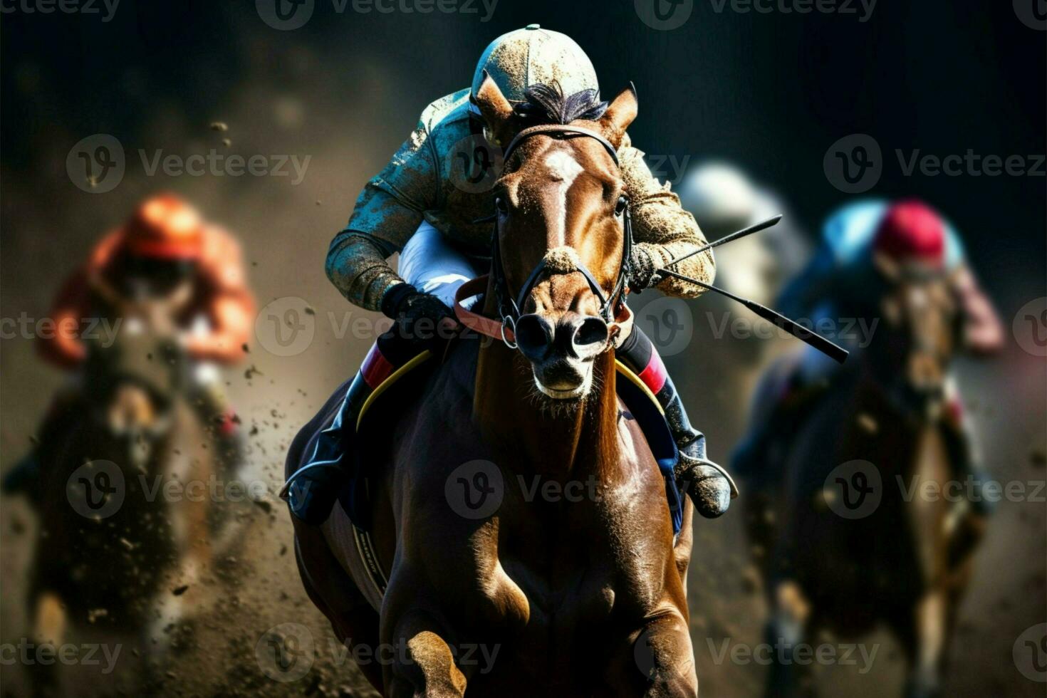 Thrilling horse racing, jockeys and horses compete for lead position AI Generated photo