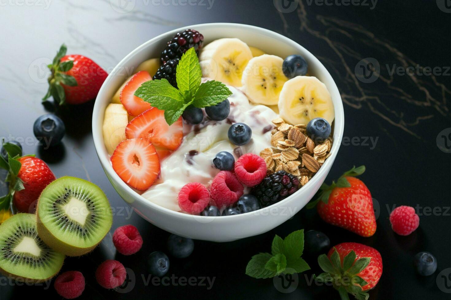 Top view of a colorful oat granola bowl with fresh fruits AI Generated photo