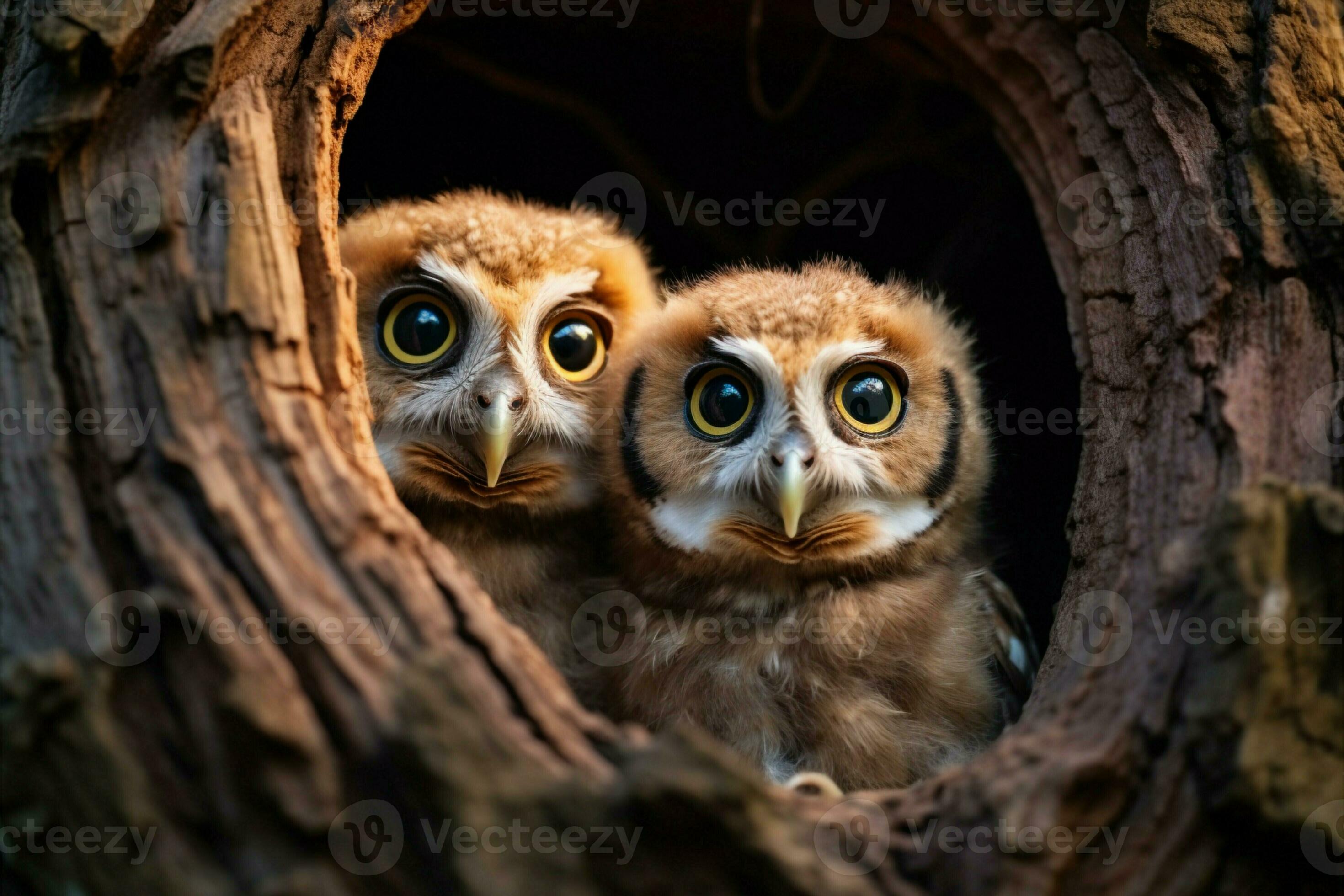 Two inquisitive owlets emerge from tree nest, providing room AI