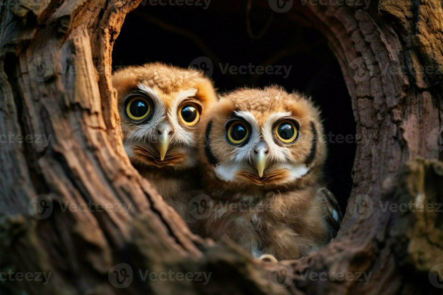 Two inquisitive owlets emerge from tree nest, providing room AI Generated photo