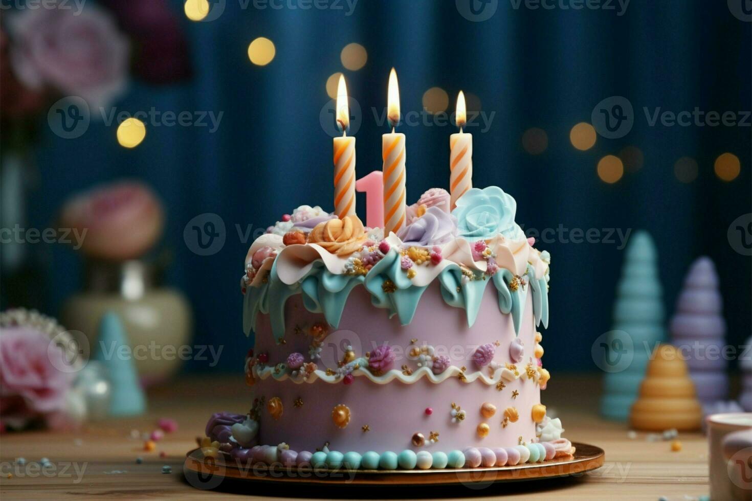 Vibrant 1st year cake, set against pastel backdrop, birthday joy shines AI Generated photo
