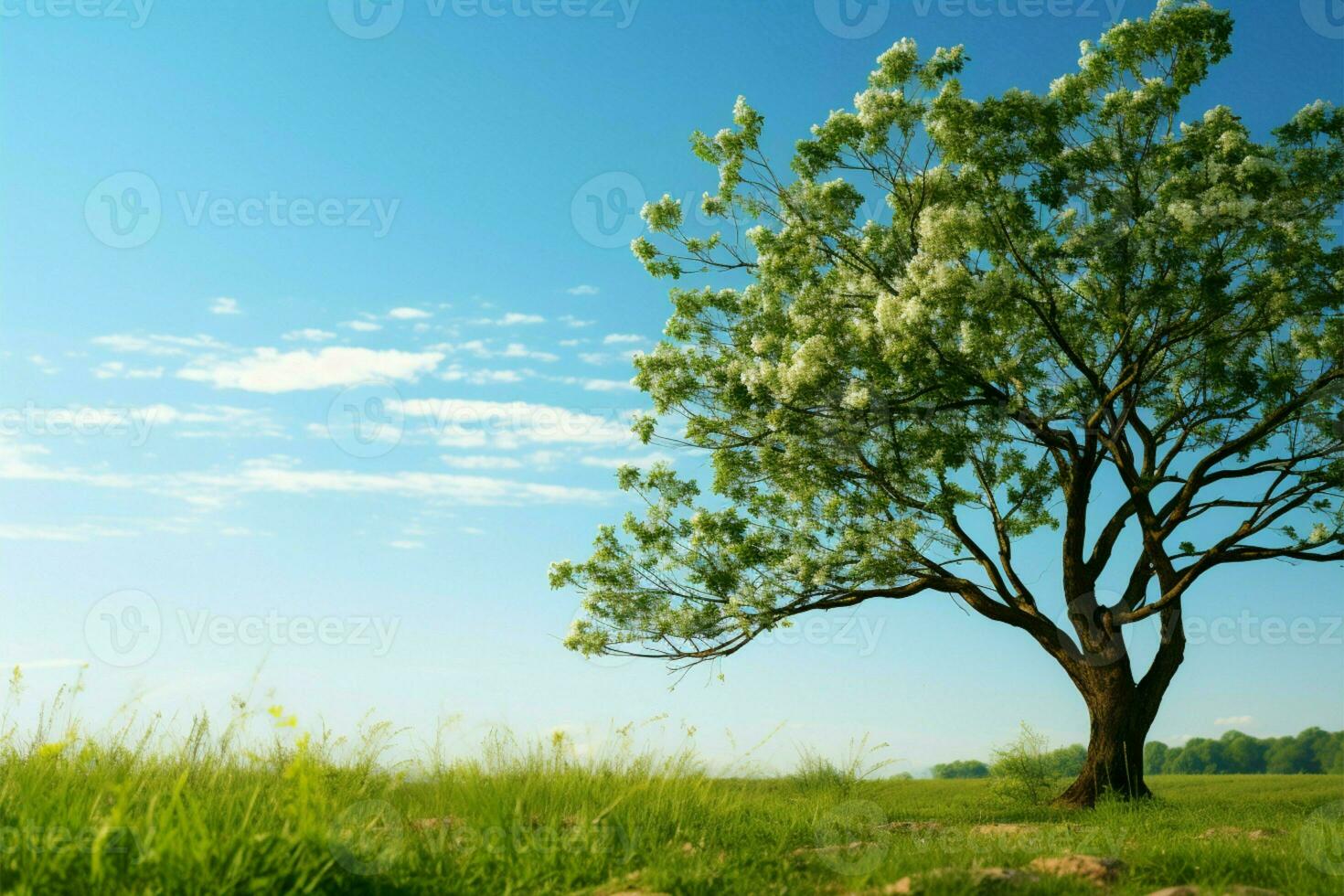 vibrante verde árbol, intrincado sucursales, blanco flores, debajo claro azul cielo ai generado foto