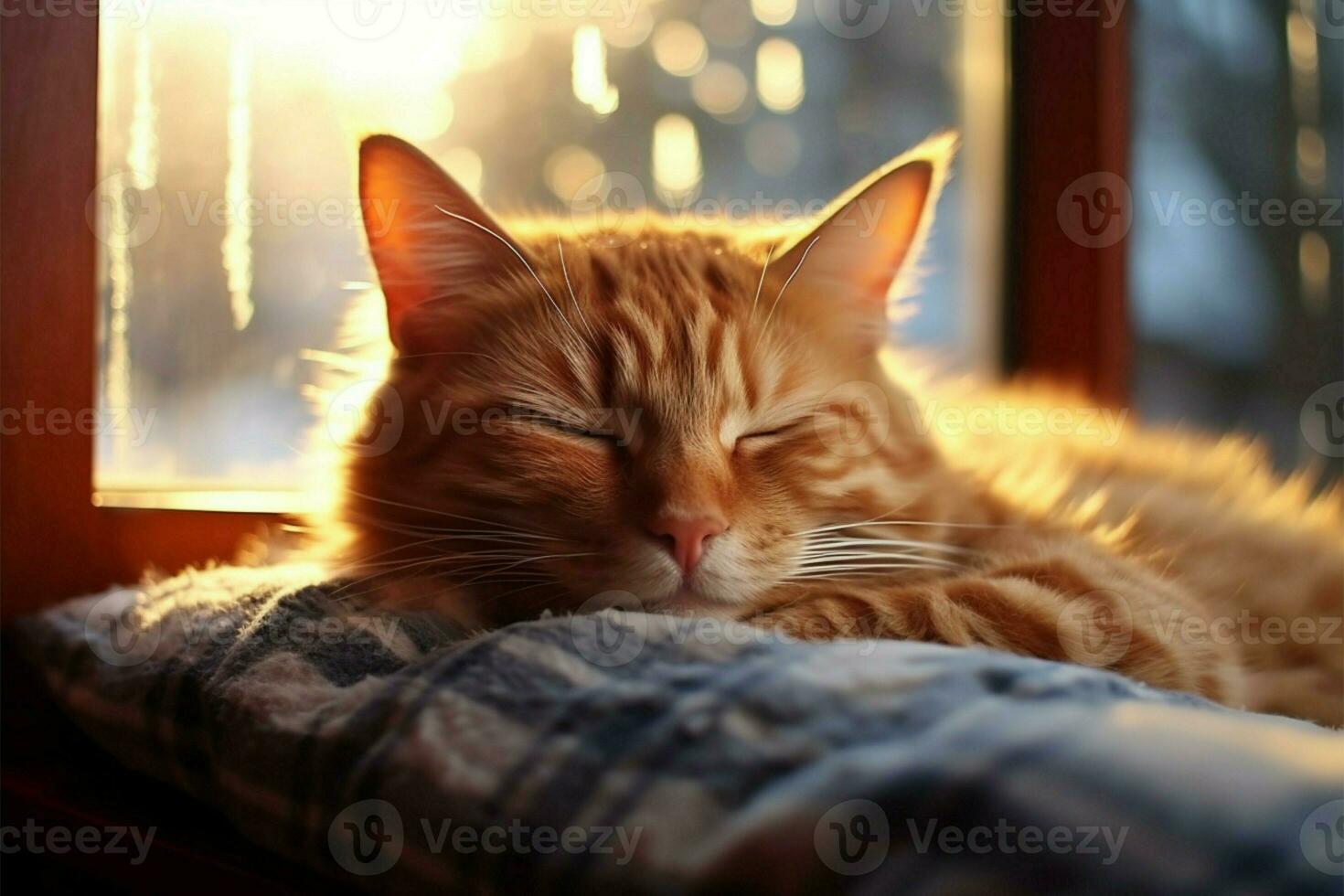 Warm and snug, a ginger cat peacefully sleeps on the windowsill AI Generated photo