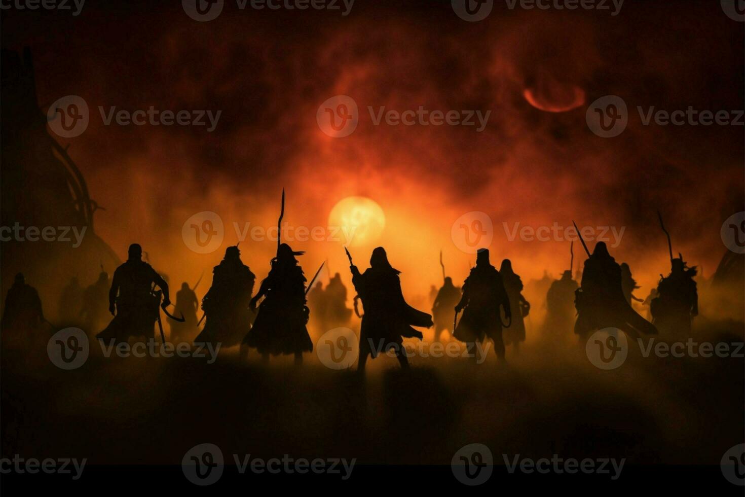 Warriors in medieval combat, silhouettes stand out against foggy backdrop AI Generated photo