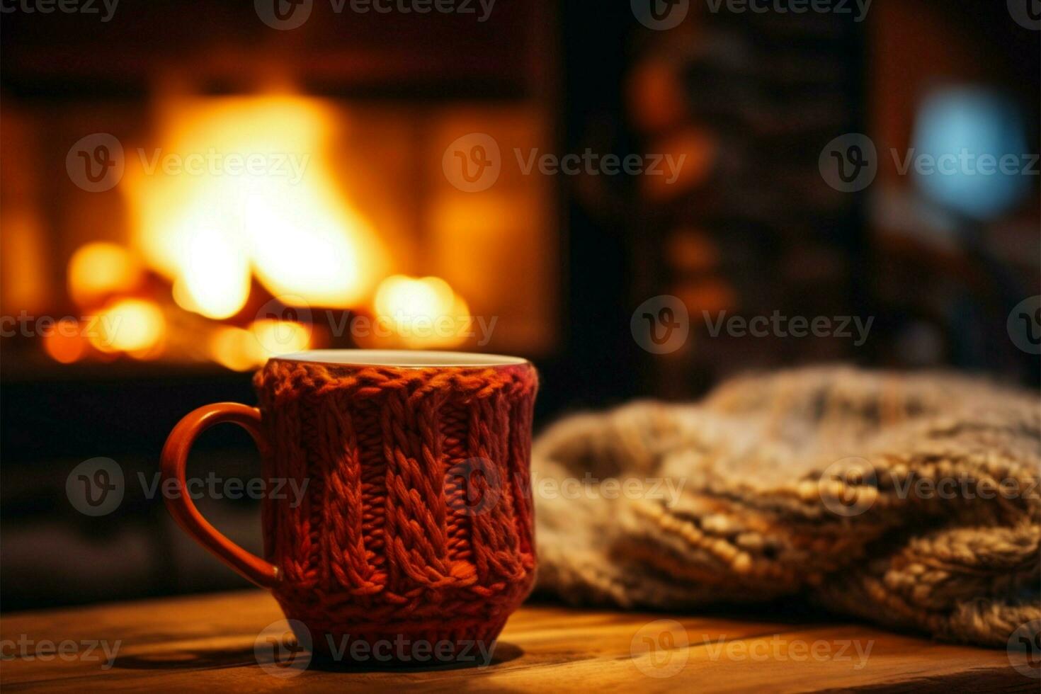 Warm fireside scene mug in a knitted mitten, creating magical coziness AI Generated photo