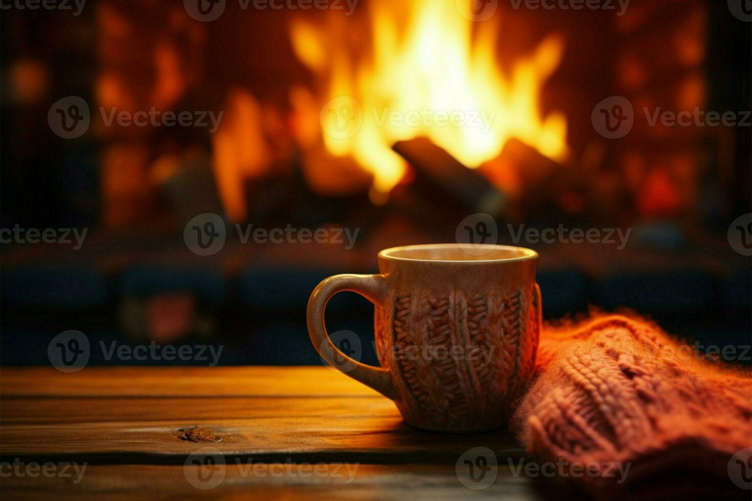Warm fireside scene mug in a knitted mitten, creating magical coziness AI Generated photo