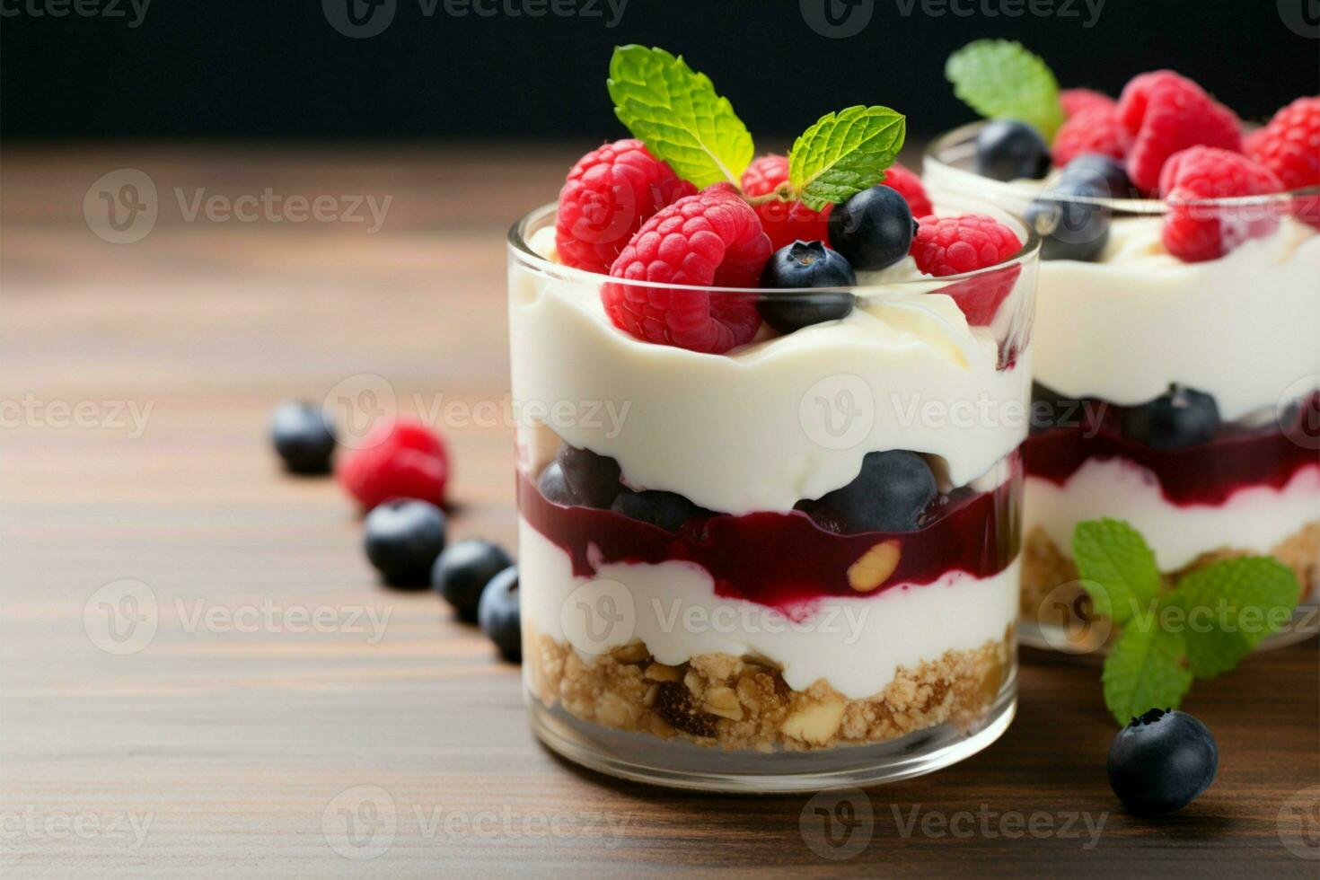 saludable bocadillo frambuesa y arándano yogur parfait con crujiente Granola ai generado foto